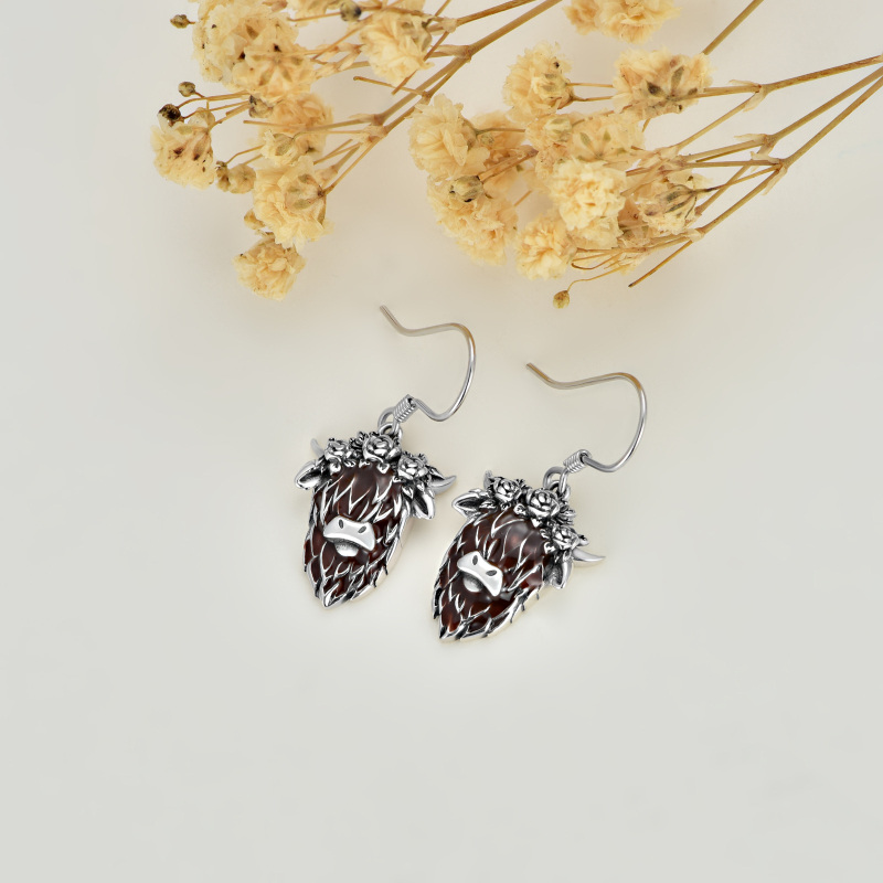Sterling Silver Highland Cow & Rose Drop Earrings-4