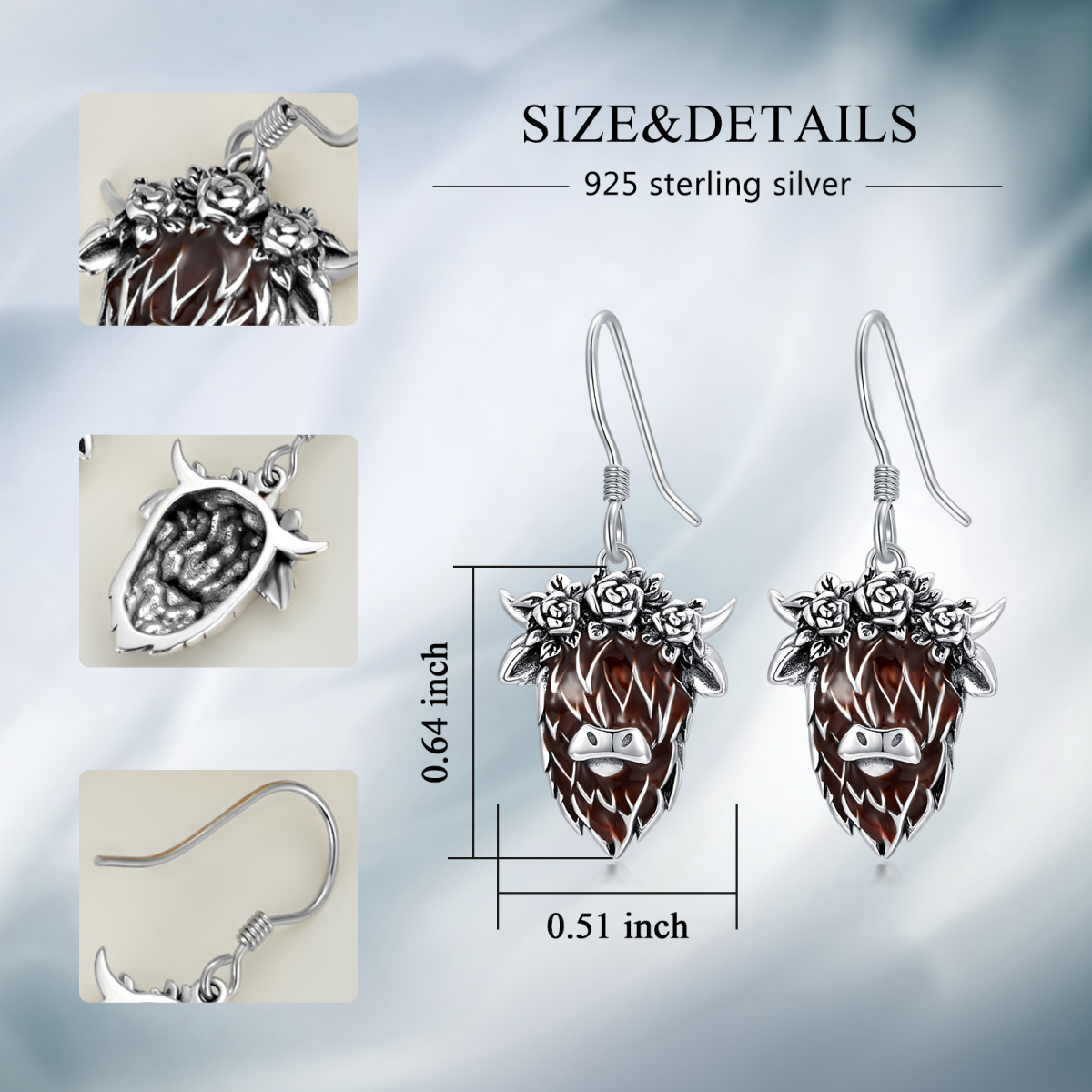 Sterling Silver Highland Cow & Rose Drop Earrings-6