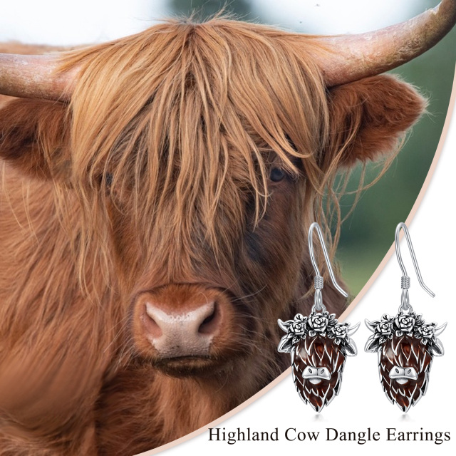 Boucles d'oreilles pendantes Highland Cow & Rose en argent sterling-7