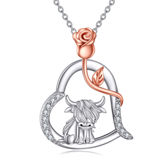 Collier en argent sterling avec pendentif en forme de cœur et de rose en forme de vache des Highlands en oxyde de zirconium pour femme