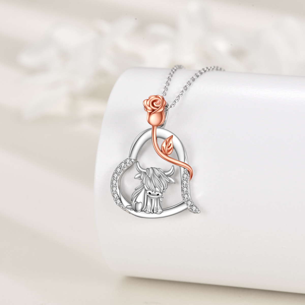 Sterling Silver Cubic Zirconia Highland Cow & Rose & Heart Charm Necklace for Women-3