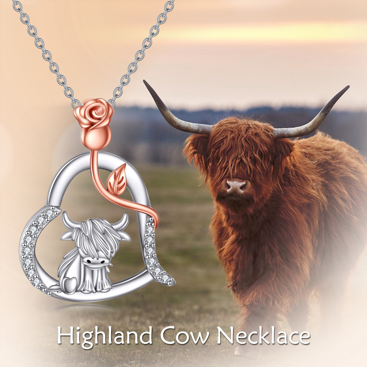 Sterling Silver Cubic Zirconia Highland Cow & Rose & Heart Charm Necklace for Women-5