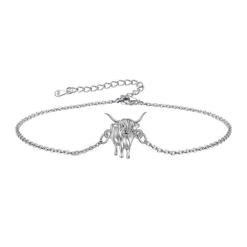 Bracelet de cheville à breloques simple couche en argent sterling avec motif vache des Highlands-1