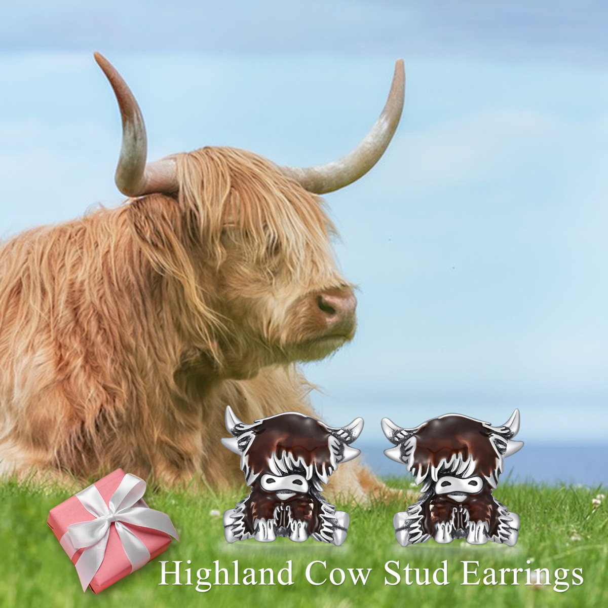 Boucles d'oreilles en argent Sterling Highland Cow-3