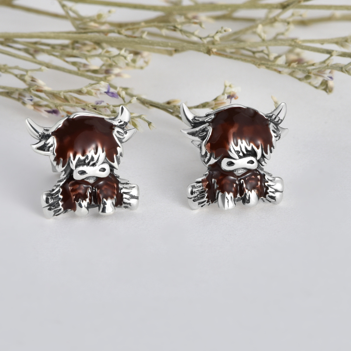 Boucles d'oreilles en argent Sterling Highland Cow-5