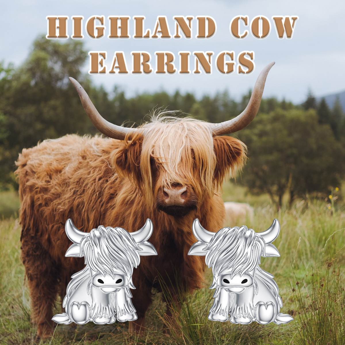 Boucles d'oreilles en argent Sterling Highland Cow-5