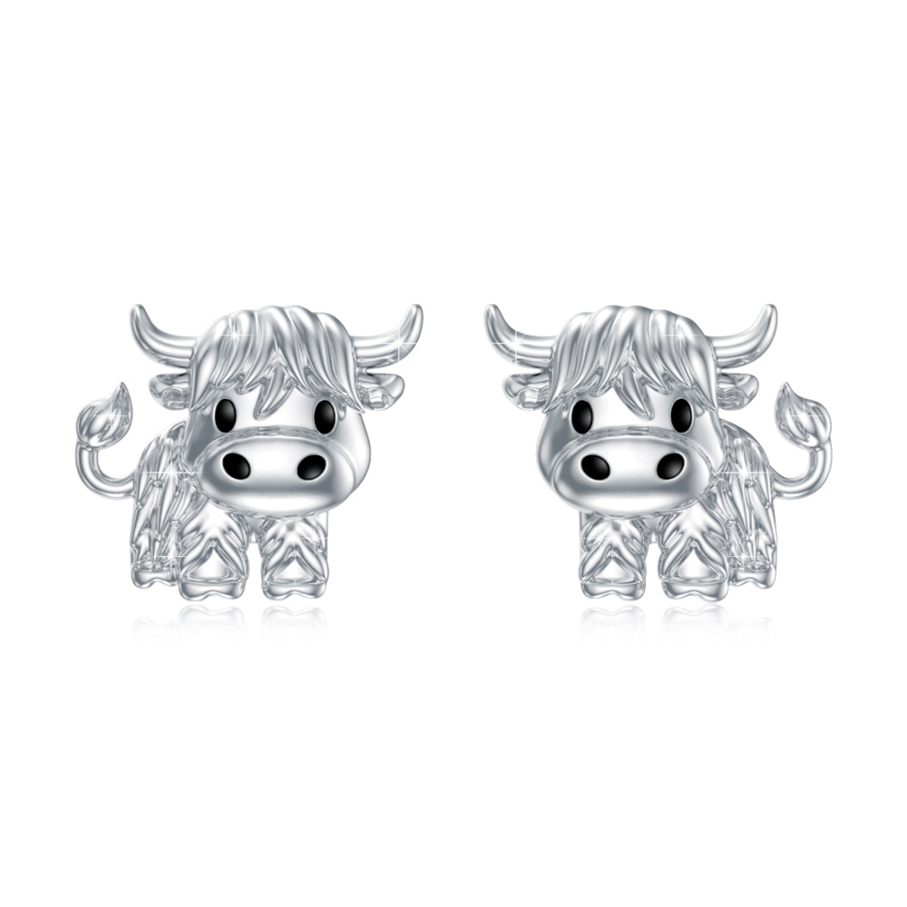 Pendientes de plata de ley Vaca de las Tierras Altas-1