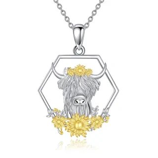 Sterling Silver Highland Cow & Sunflower Pendant Necklace-6