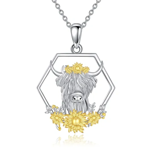 Collar de plata de ley con colgante de vaca de las Highlands y girasol