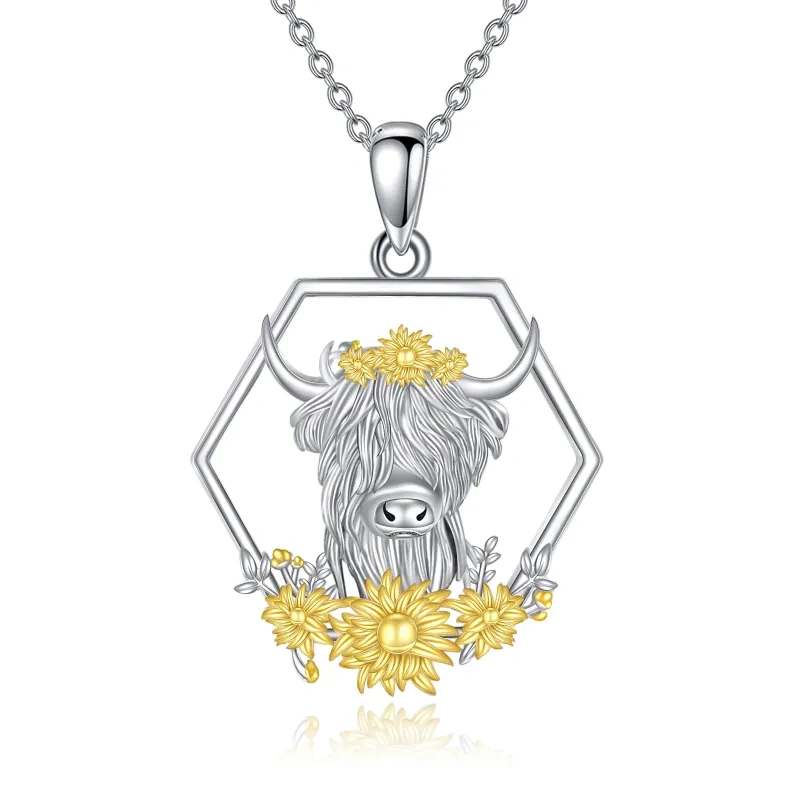 Sterling Silver Highland Cow & Sunflower Pendant Necklace-14