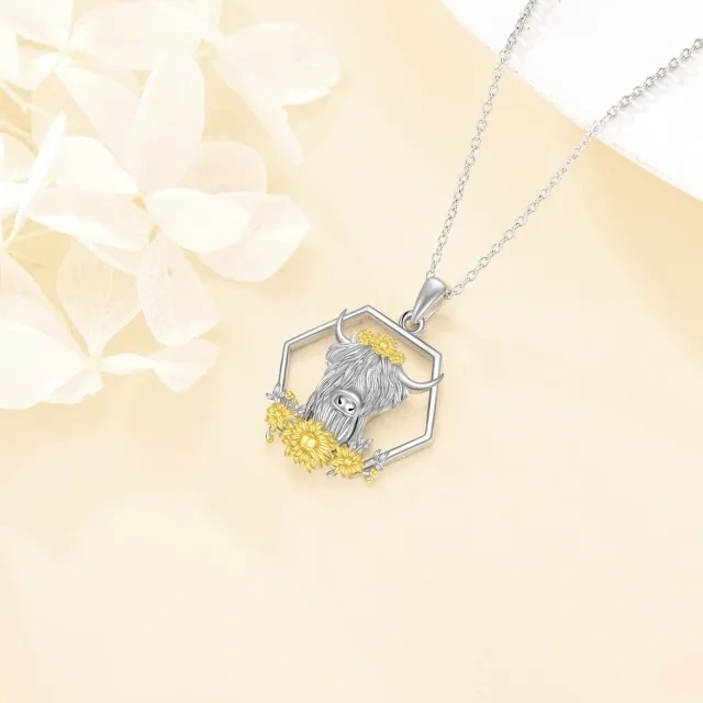 Collier en argent sterling avec pendentif vache Highland et tournesol-3