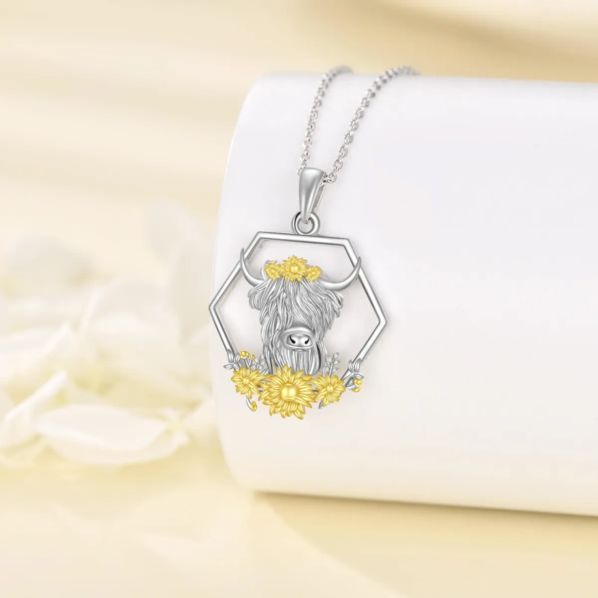 Sterling Silver Highland Cow & Sunflower Pendant Necklace-4