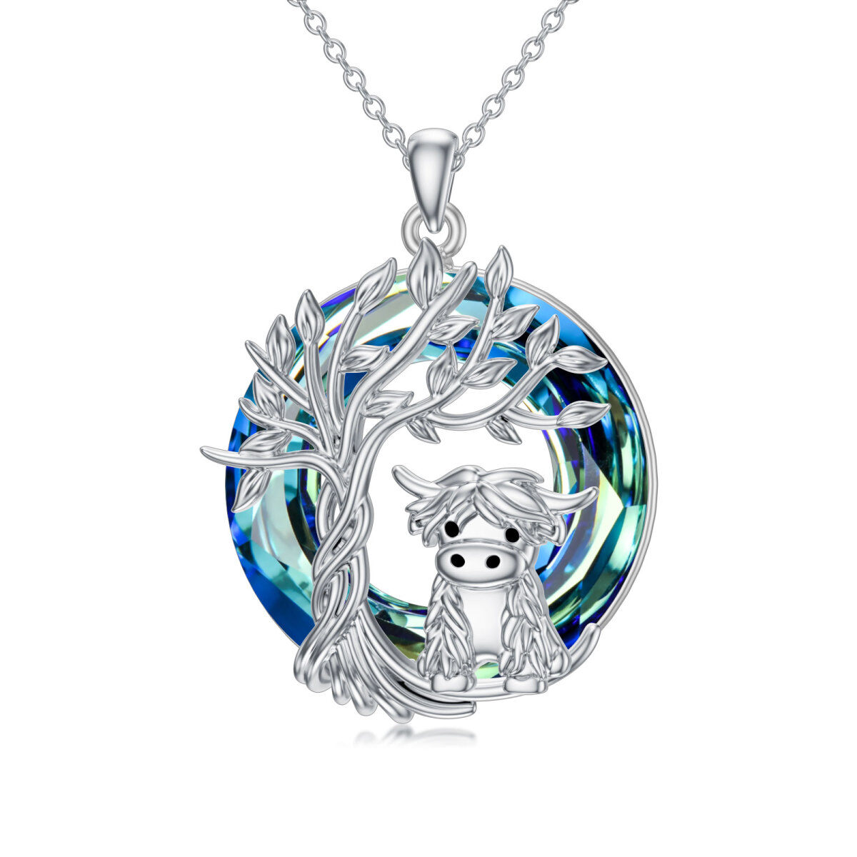 Collar con colgante de plata de ley con forma de vaca de las Highlands y árbol de la vida con círculo de cristal azul-1