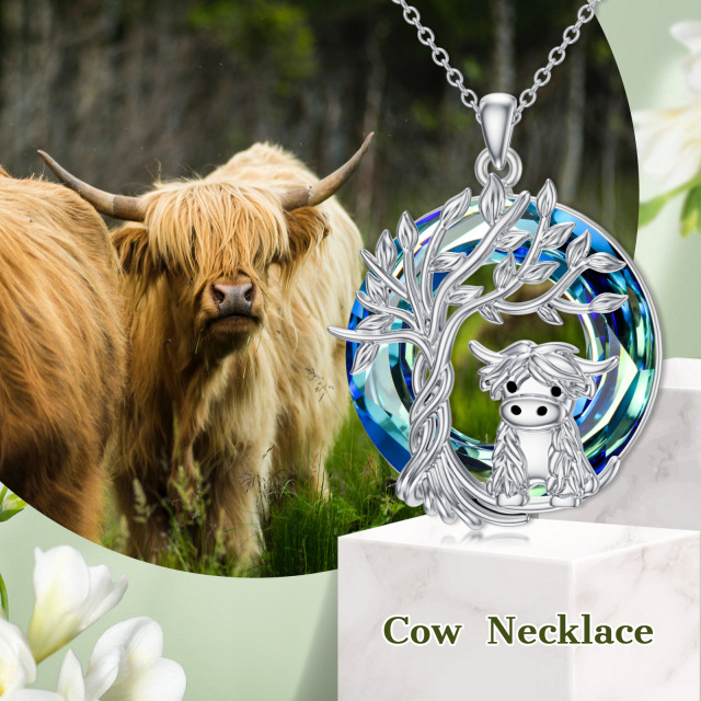 Collana con ciondolo in argento sterling con mucca Highland e albero della vita in cristallo blu-3