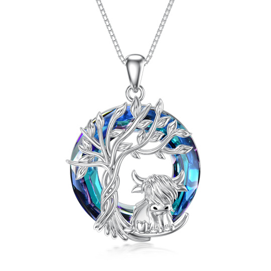 Sterling Silver Highland Cow & Tree Of Life Crystal Pendant Necklace