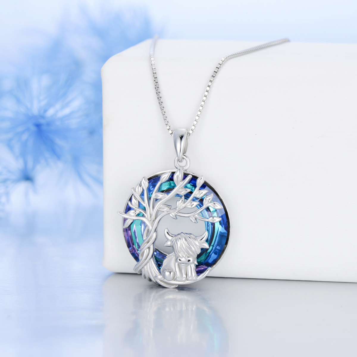 Collier en argent sterling avec pendentif en cristal « Highland Cow » et arbre de vie-3