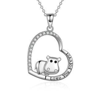 Sterling Silver Hippo & Heart Pendant Necklace with Engraved Word-5