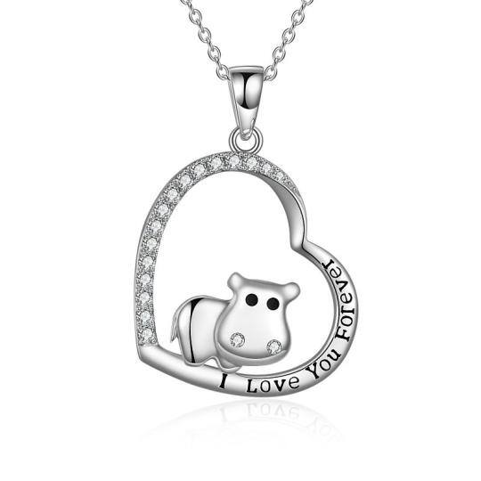 Sterling Silver Hippo & Heart Pendant Necklace with Engraved Word