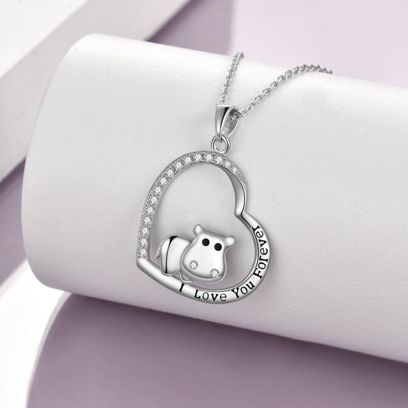 Sterling Silver Hippo & Heart Pendant Necklace with Engraved Word-3