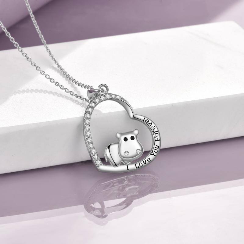 Collar Colgante Hipopótamo y Corazón de Plata de Ley con Palabra Grabada-4