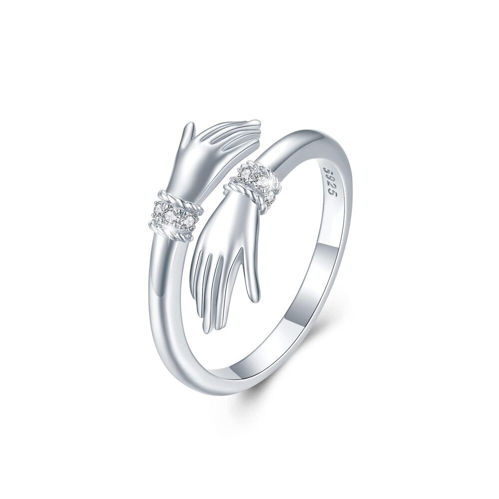 Sterling Silver Cubic Zirconia Hold Hands Open Ring-1