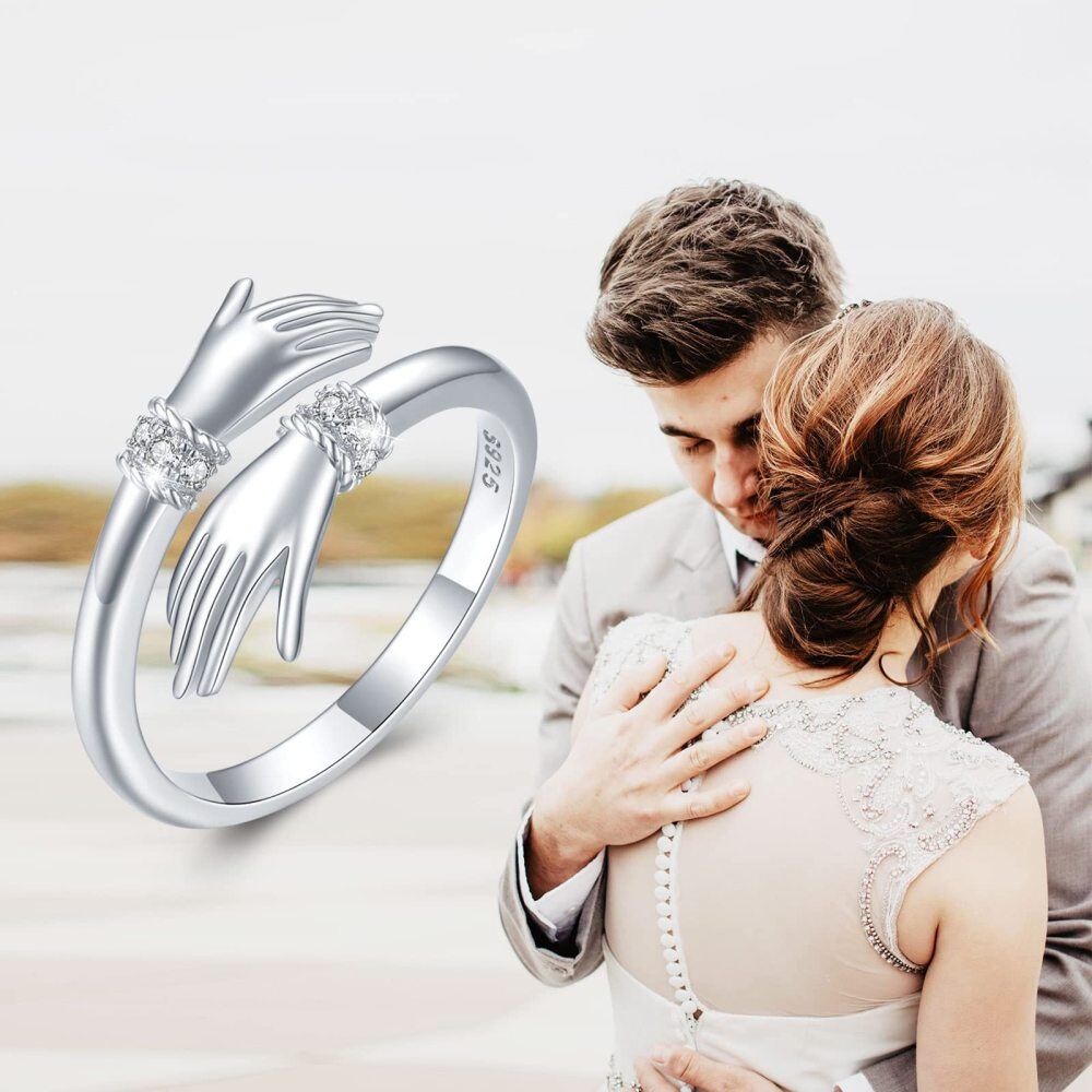 Sterling Silver Cubic Zirconia Hold Hands Open Ring-4