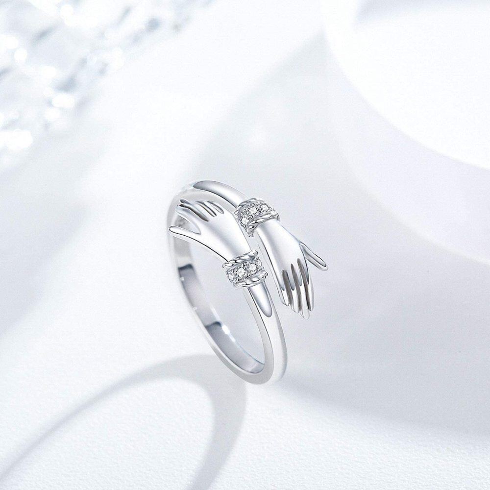 Sterling Silver Cubic Zirconia Hold Hands Open Ring-5