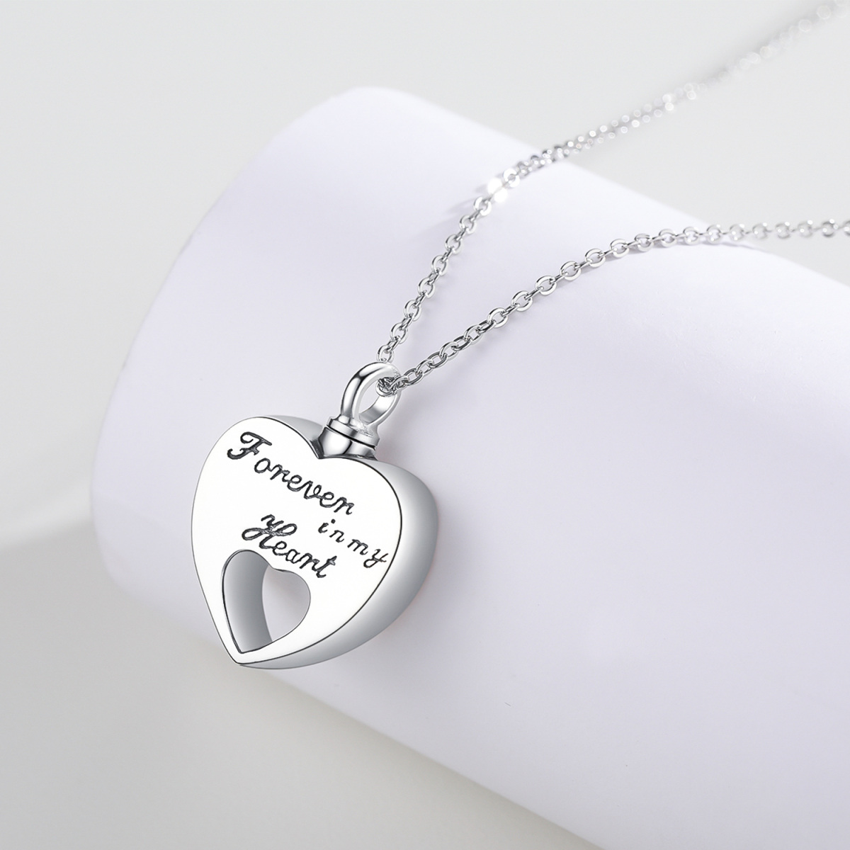 Collana con urna a cuore cavo in argento sterling per ceneri incise per sempre nel mio cuore-3