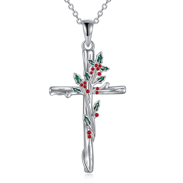 Sterling Silver Holly & Cross Pendant Necklace-1