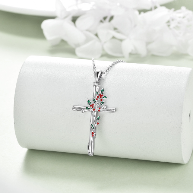 Sterling Silver Holly & Cross Pendant Necklace-4