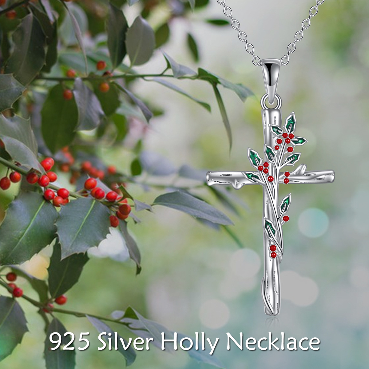 Sterling Silber Holly & Kreuz Anhänger Halskette-5