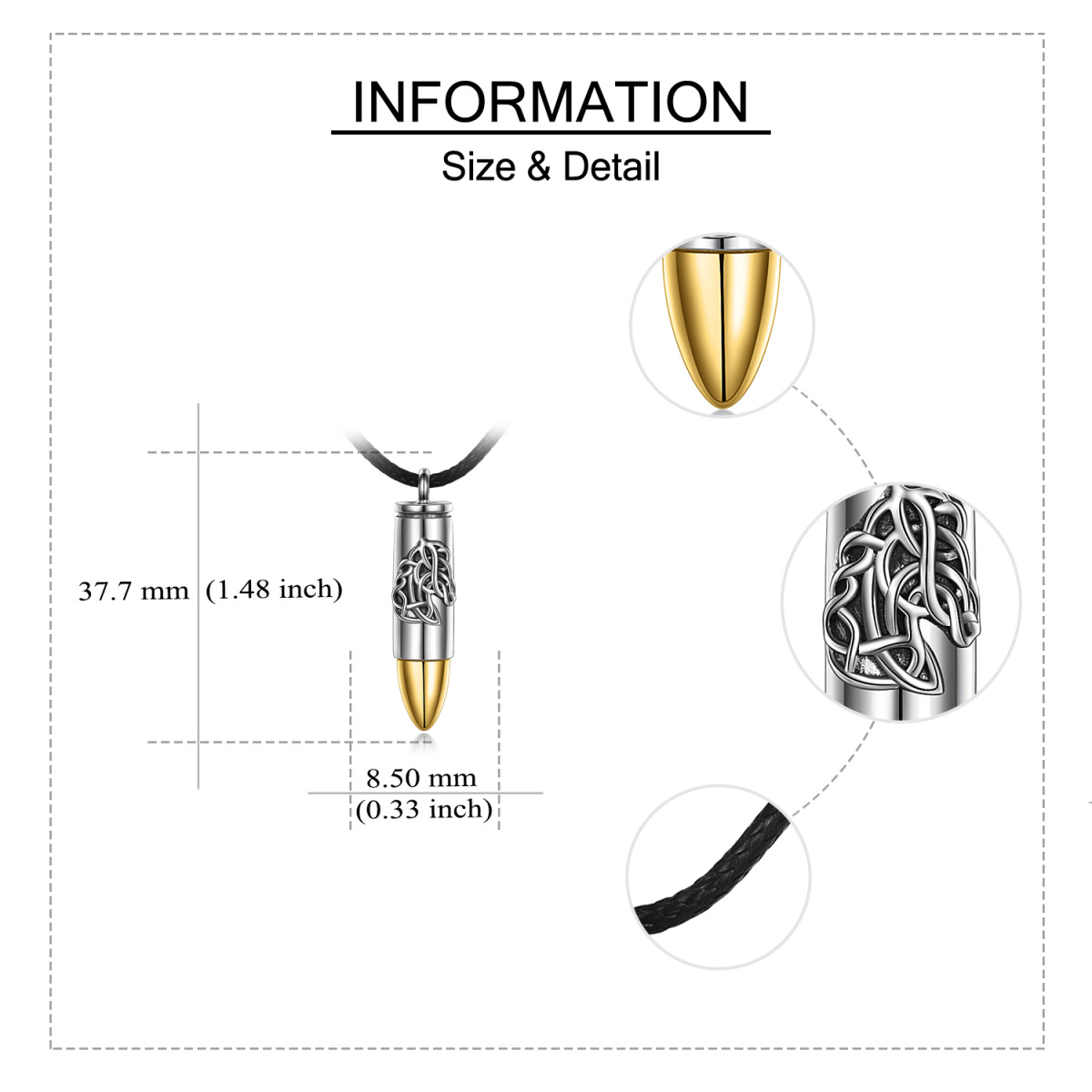 Plata de ley con collar de urna grabado con bala y nudo celta chapado en oro-5