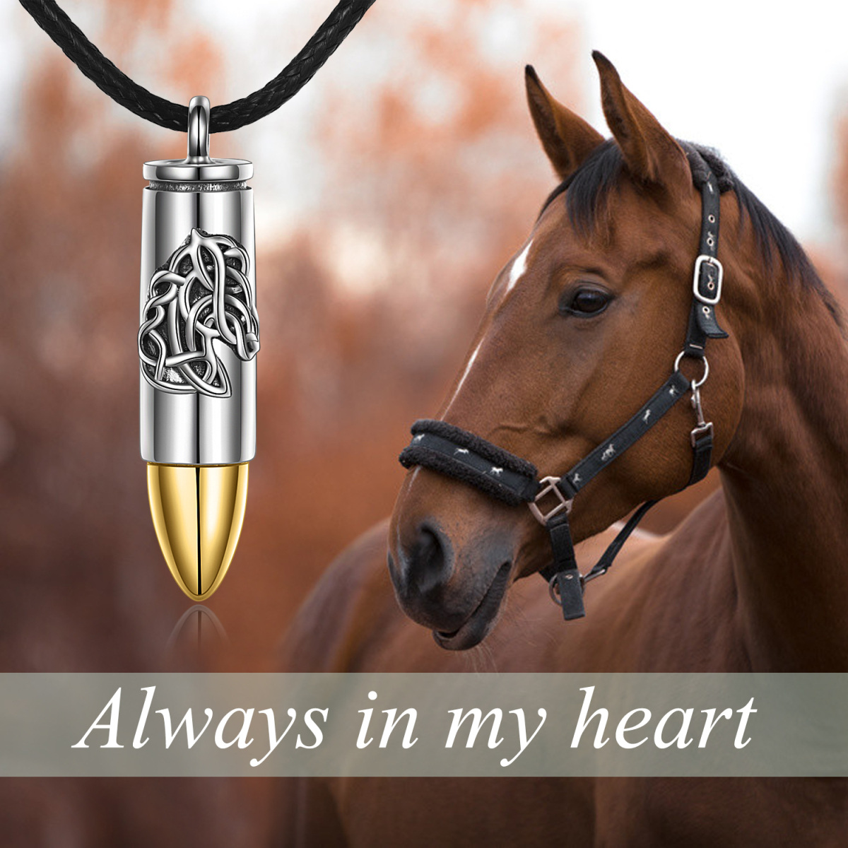 Collier Urne Cheval & Bullet & Nœud Celtique en argent sterling avec mot gravé-6