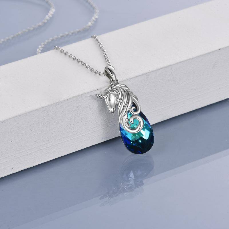 Colar com pingente de unicórnio de prata esterlina s925 joias com cristal de lágrima azul presentes-3