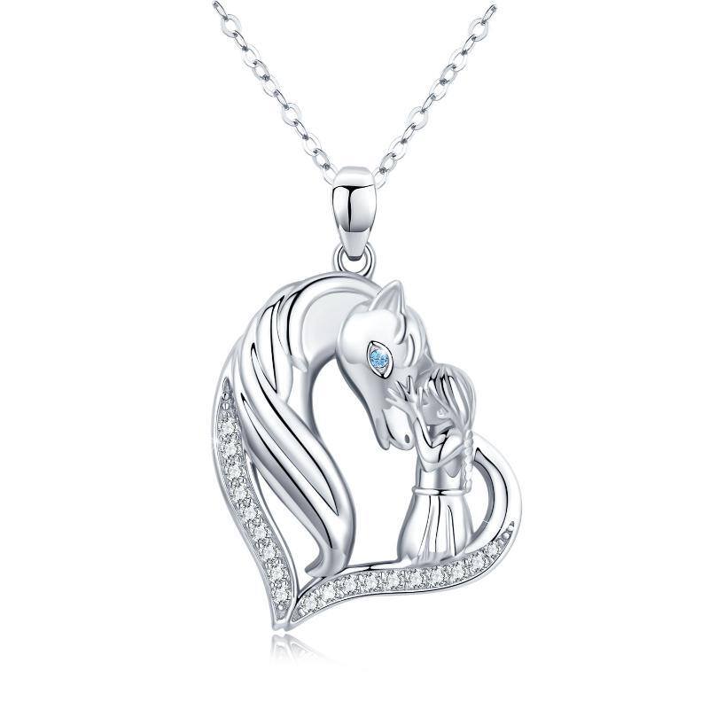 Collana con ciondolo a cuore in argento sterling con zirconia cubica, cavallo e ragazza-1