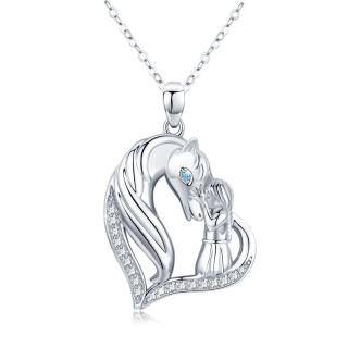 Sterling Silver Cubic Zirconia Horse & Girl Heart Pendant Necklace-36