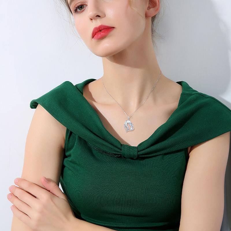 Collana con ciondolo a cuore in argento sterling con zirconia cubica, cavallo e ragazza-2