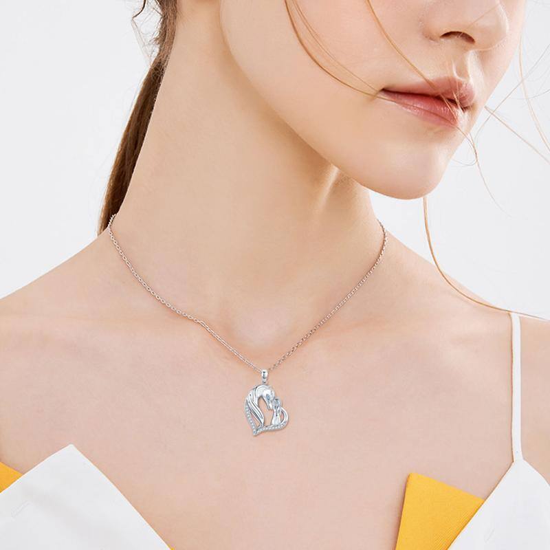 Collana con ciondolo a cuore in argento sterling con zirconia cubica, cavallo e ragazza-3