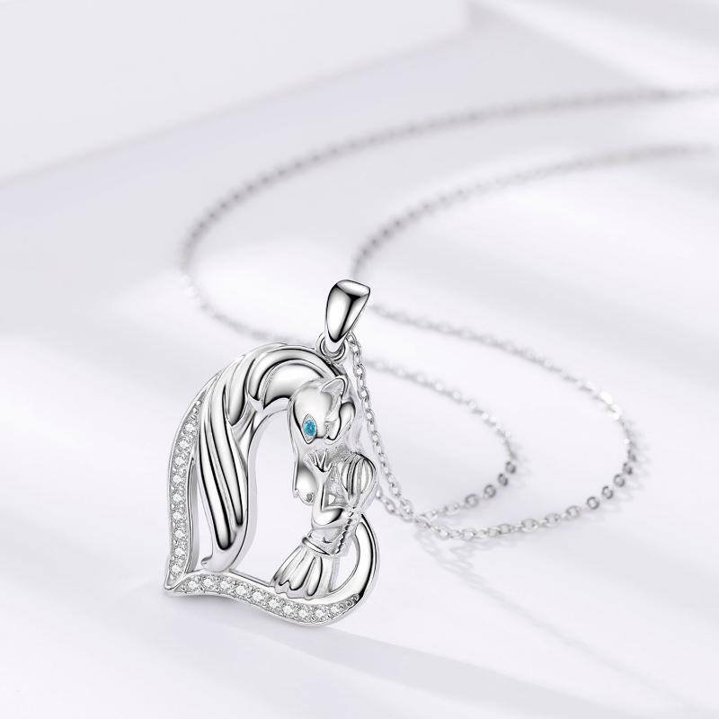 Sterling Silver Cubic Zirconia Horse & Girl Heart Pendant Necklace-4