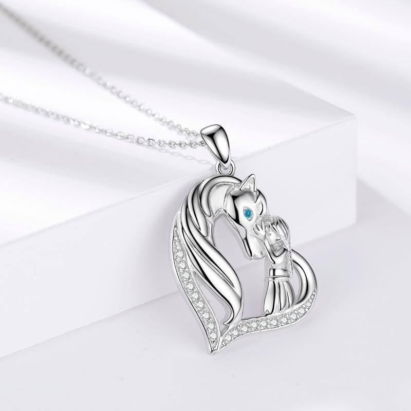 Sterling Silber Cubic Zirkonia Pferd & Mädchen Herz-Anhänger Halskette-5