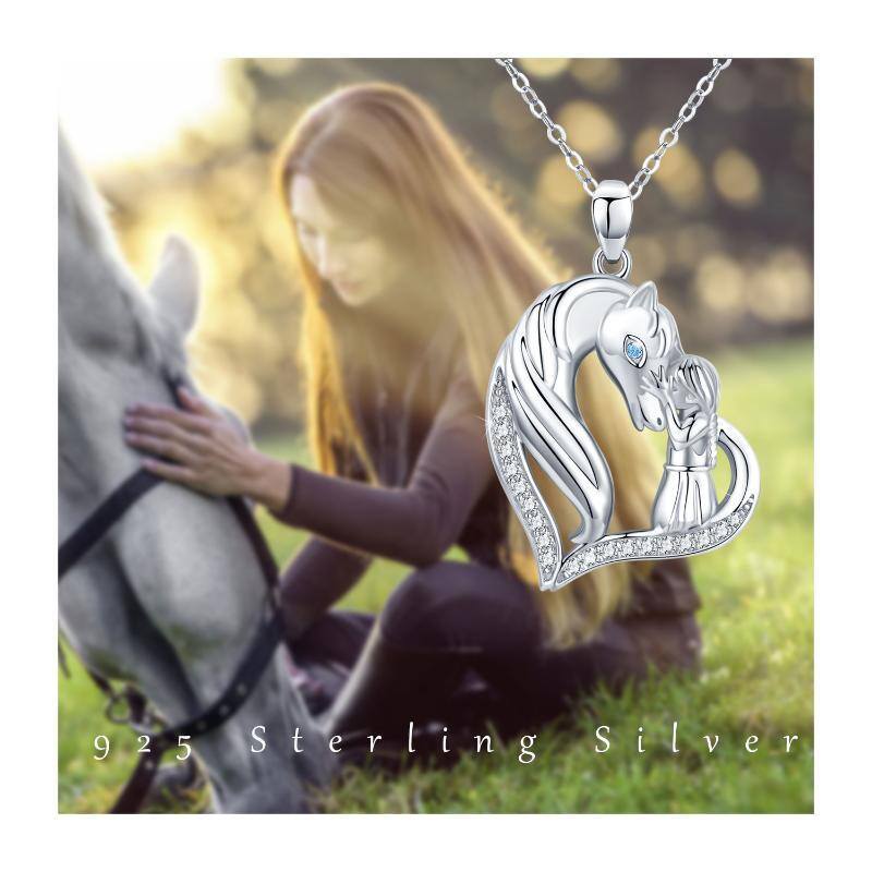 Collana con ciondolo a cuore in argento sterling con zirconia cubica, cavallo e ragazza-7