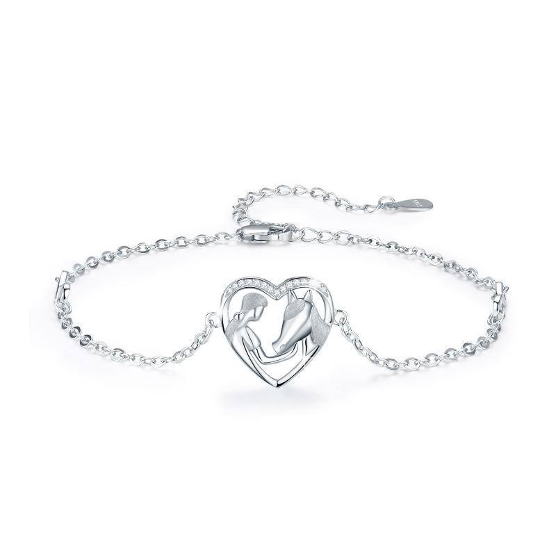 Pulsera de plata de ley con colgante de corazón y caballo de circonita cúbica-1