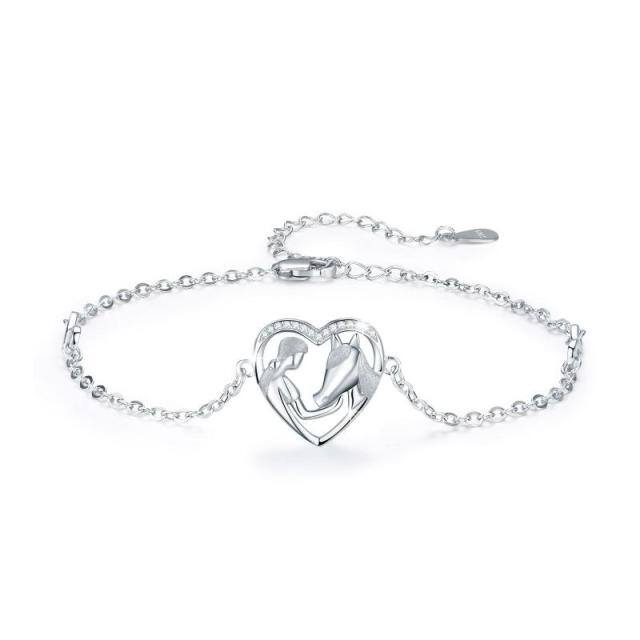 Pulsera de plata de ley con colgante de corazón y caballo de circonita cúbica