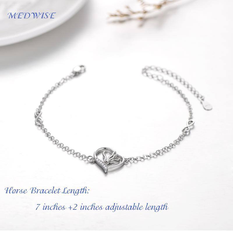 Sterling Silver Cubic Zirconia Horse & Heart Pendant Bracelet-5