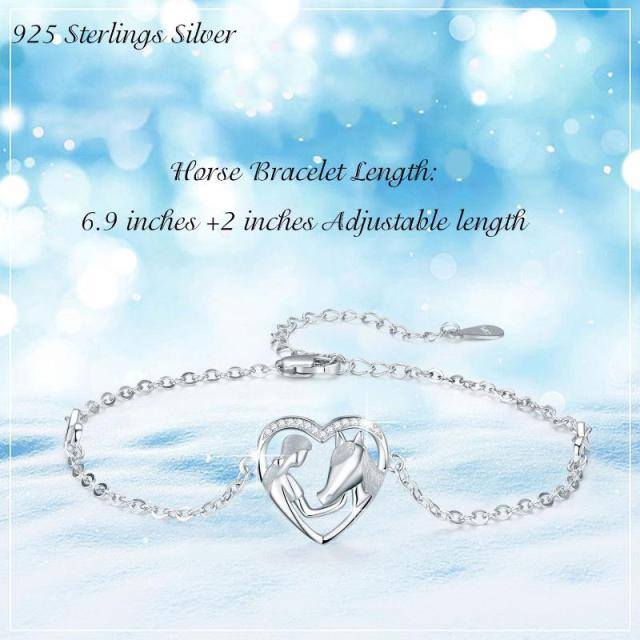 Pulsera de plata de ley con colgante de corazón y caballo de circonita cúbica-6