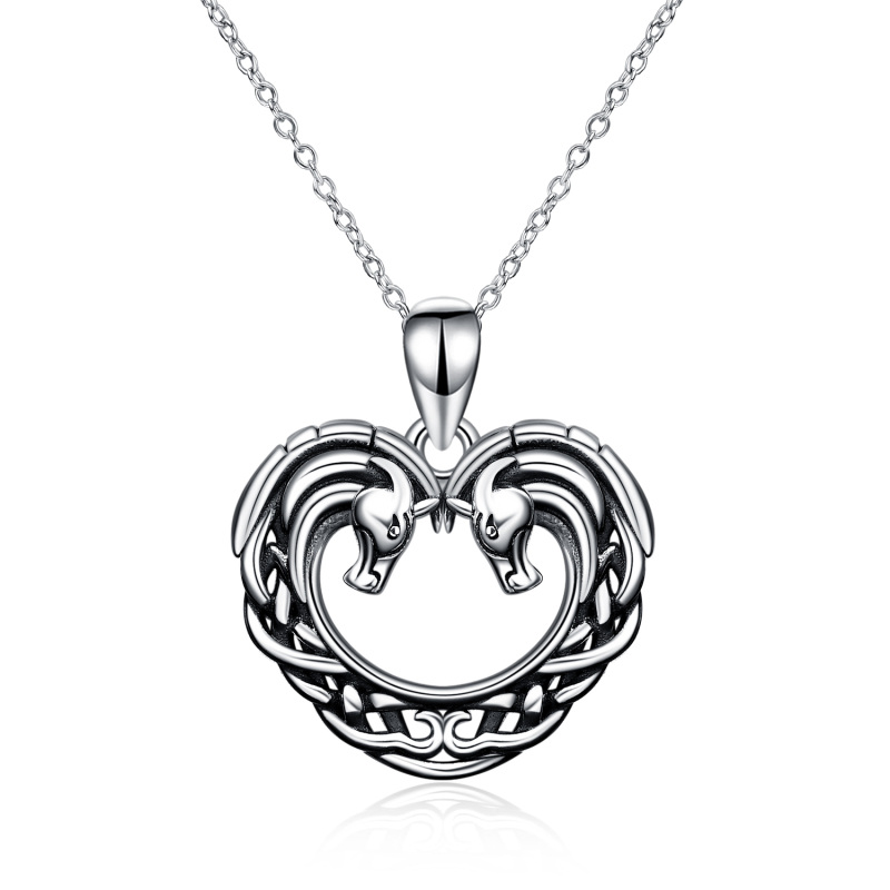 Sterling Silver Horse & Heart Pendant Necklace-18