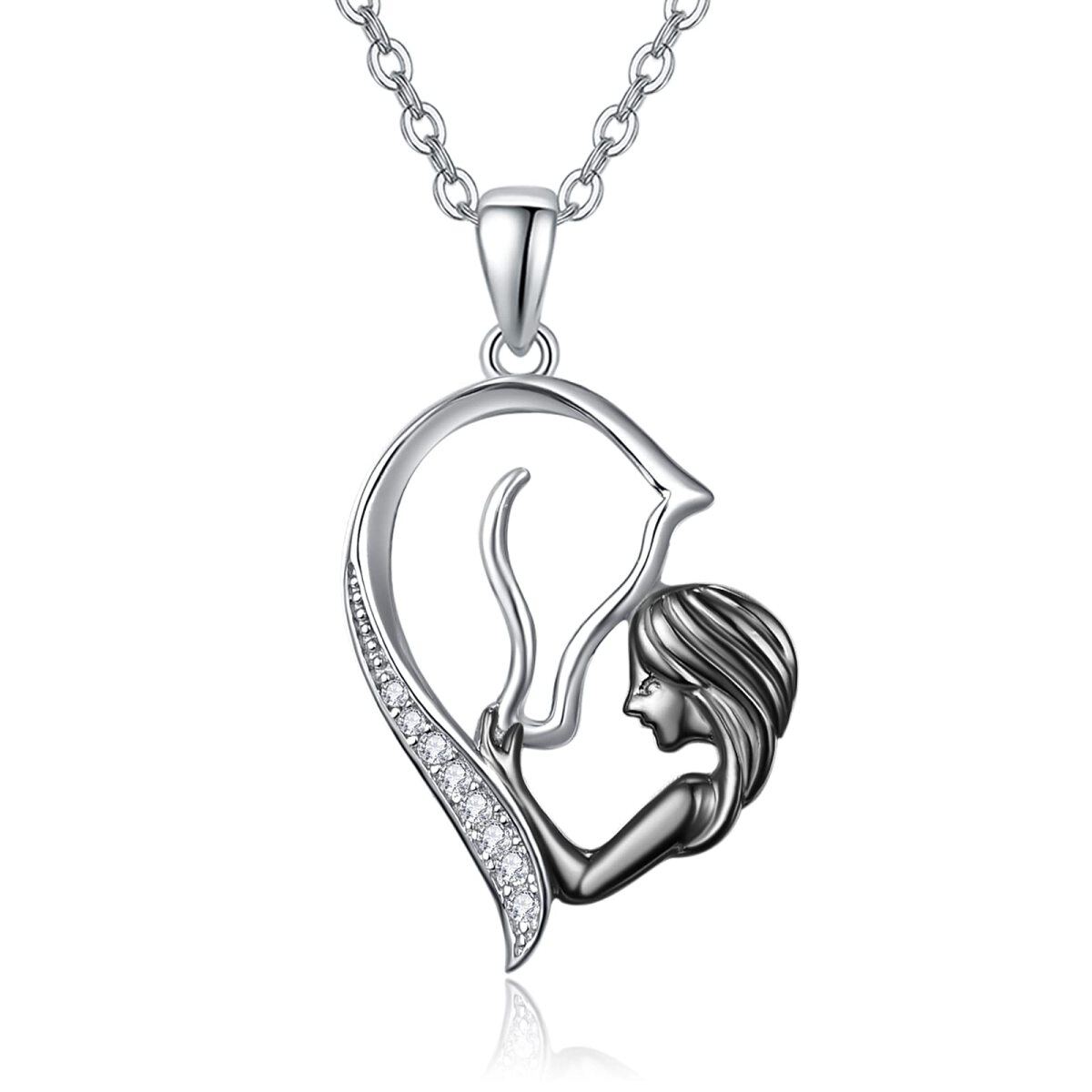 Sterling Silver Cubic Zirconia Horse & Heart Pendant Necklace-1