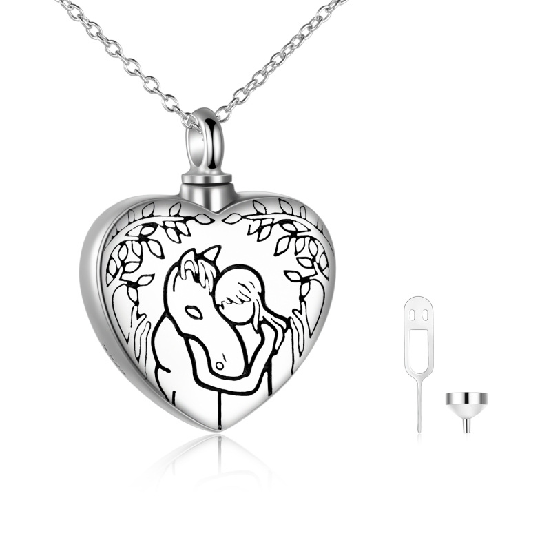 Collana con urna per le ceneri in argento sterling con cavallo e cuore e parola incisa-1