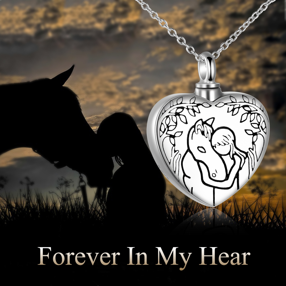 Collar Urna para Cenizas Caballo y Corazón en Plata de Ley con Palabra Grabada-6