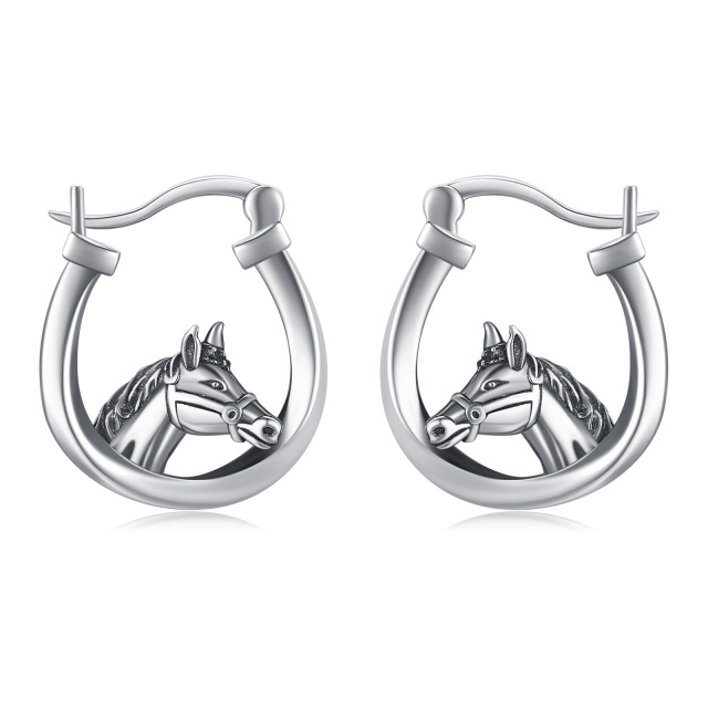 Sterling Silver Horse Hoop Earrings-1